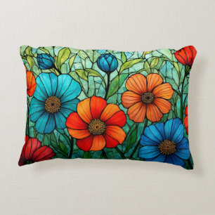 Colourful Stained Glass Flowers Accent Pillow