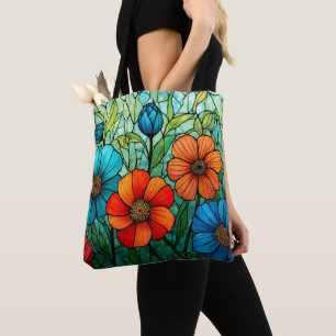 Colourful Stained Glass Flowers Tote Bag