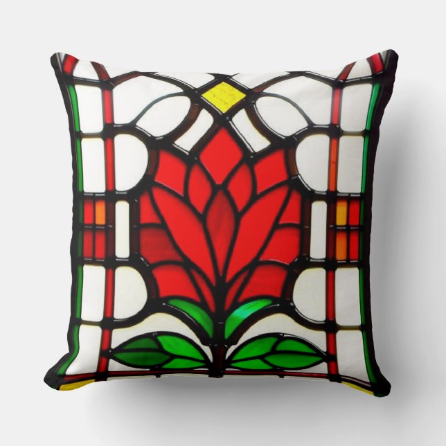 Colourful Stained Glass Red Flower Throw Pillow (Front)