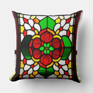 Colourful Stained Glass Red Flower Throw Pillow
