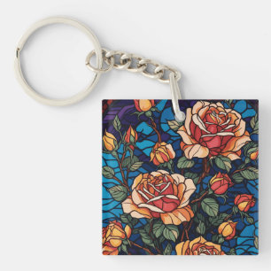 Colourful Stained Glass Roses Botanical  Keychain