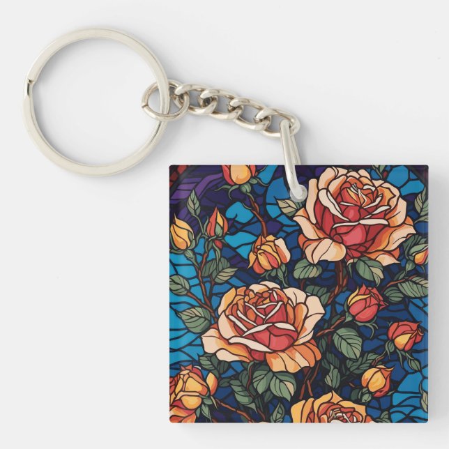 Colourful Stained Glass Roses Botanical  Keychain (Front)