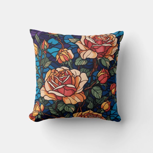 Colourful Stained Glass Roses Botanical  Throw Pillow (Front)