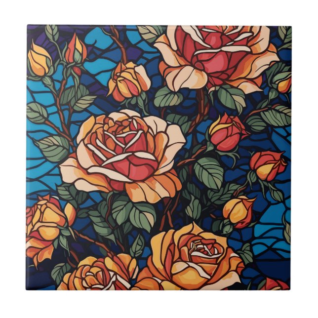 Colourful Stained Glass Roses Botanical  Tile (Front)