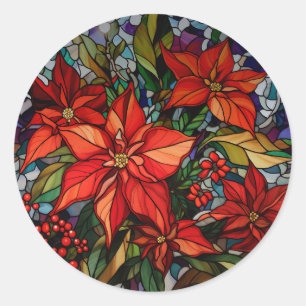 Colourful Stained Glass Style Poinsettias & Holly Classic Round Sticker
