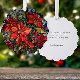 Colourful Stained Glass Style Poinsettias & Holly Ornament Card