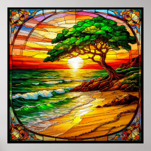 Colourful Stained Glass Sunset Over Beach Poster