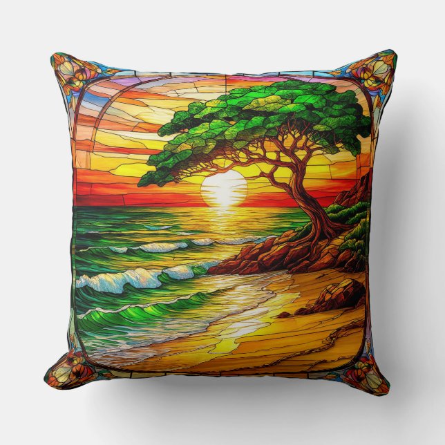 Colourful Stained Glass Sunset Over Beach Throw Pillow (Front)