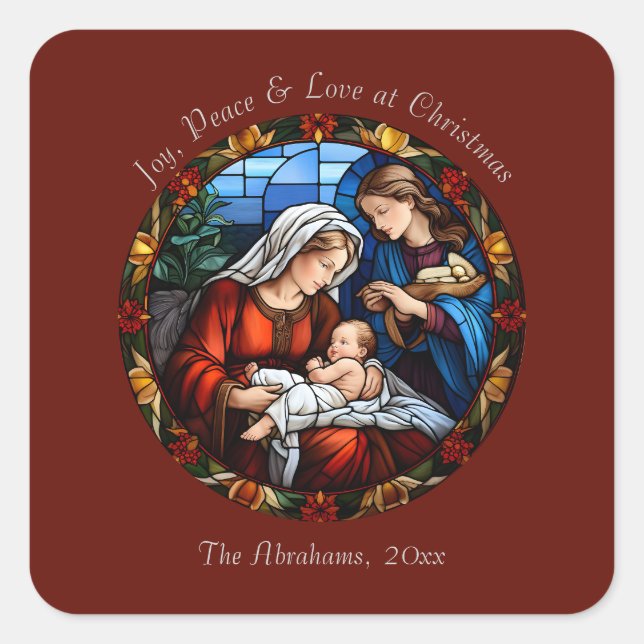 Colourful Stained Glass Vintage Christmas Square Sticker (Front)