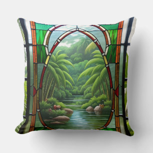 Colourful Stained Glass Window Nature Scene Throw Pillow
