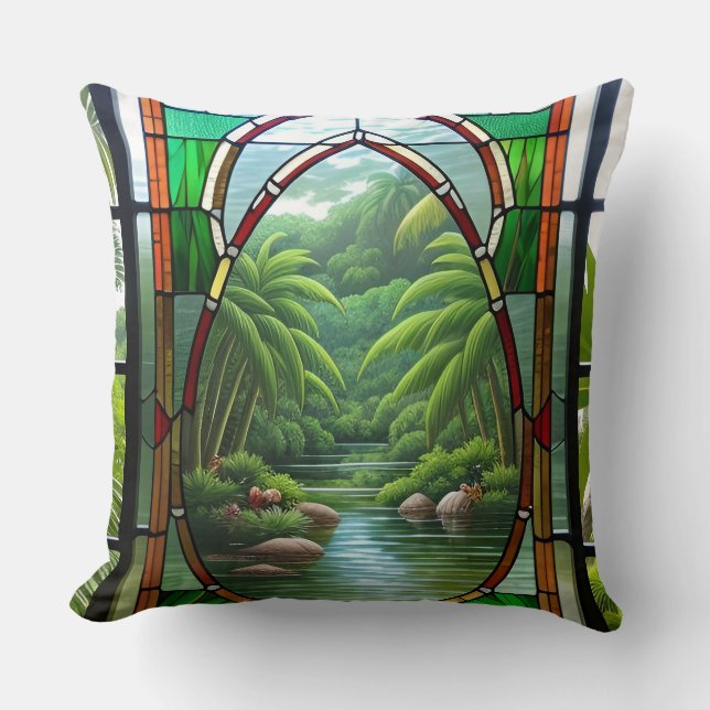 Colourful Stained Glass Window Nature Scene Throw Pillow (Front)