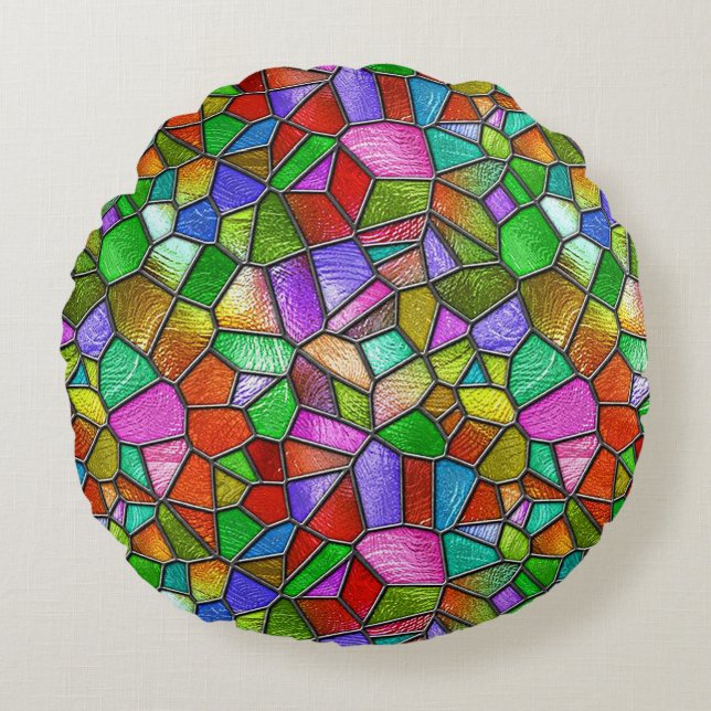 Colourful Stained Glass Window Pattern  🌈 Round Pillow (Front)