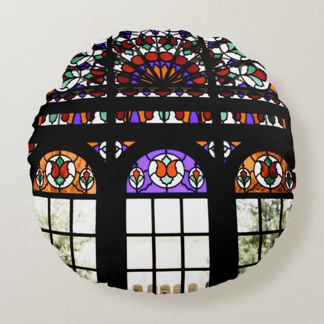 Colourful Stained Glass Window Round Pillow (Front)