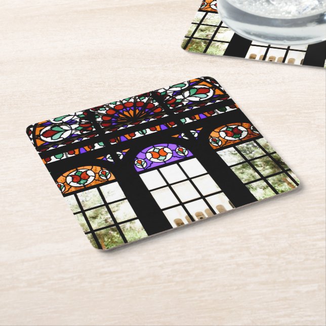 Colourful Stained Glass Window Square Paper Coaster (Angled)