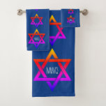 Colourful STAR OF DAVID Monogram Bath Towel Set<br><div class="desc">Colourful STAR OF DAVID Bath Towel Set with CUSTOMIZABLE MONOGRAM. Modern, colourful STAR OF DAVID MONOGRAM Bath Towel Set, showing a series of vibrantly coloured Star of David in a descending pattern against an Israeli blue background. Inside the largest Star is a CUSTOMIZABLE MONOGRAM. Choose from a wide selection of...</div>