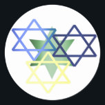 Colourful Star Of David Sticker<br><div class="desc">Stylish Hanukkah envelope seal sticker, with great looking graphics of a blue , yellow, green Stars of David overlapping each other. Great as envelope seals for your Hanukkah cards or party invitations, or party favours for the kids.</div>