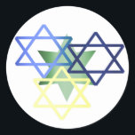 Colourful Star Of David Sticker<br><div class="desc">Stylish Hanukkah envelope seal sticker,  with great looking graphics of a blue ,  yellow,  green Stars of David overlapping each other.  Great as envelope seals for your Hanukkah cards or party invitations,  or party favours for the kids.</div>