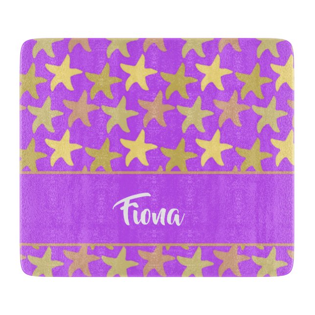 Colourful starfish on purple cutting board (Front)
