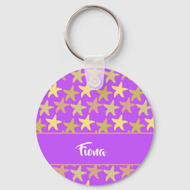 Colourful starfish on purple keychain (Front)