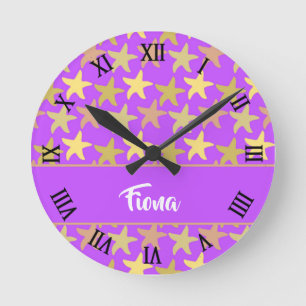 Colourful starfish on purple round clock