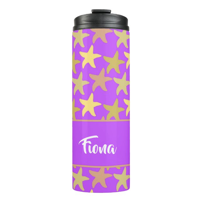 Colourful starfish on purple thermal tumbler (Front)