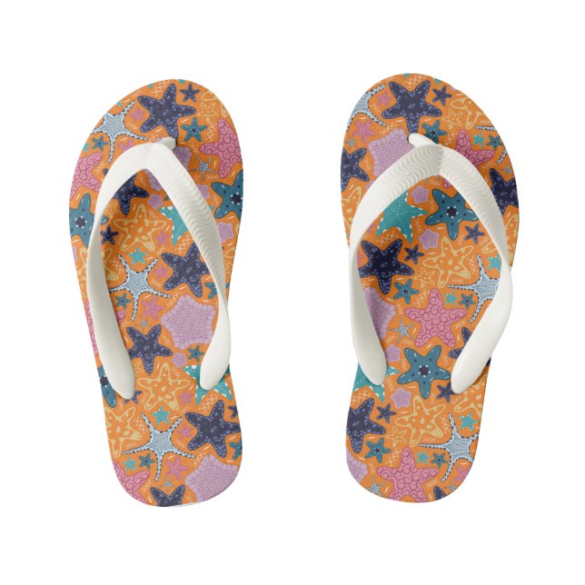 Colourful Starfishes with orange colour background Kid's Flip Flops (Footbed)