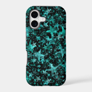 Colourful Stars Aqua Teal Black Background