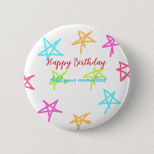 Colourful stars happy birthday add name text simpl 2 inch round button