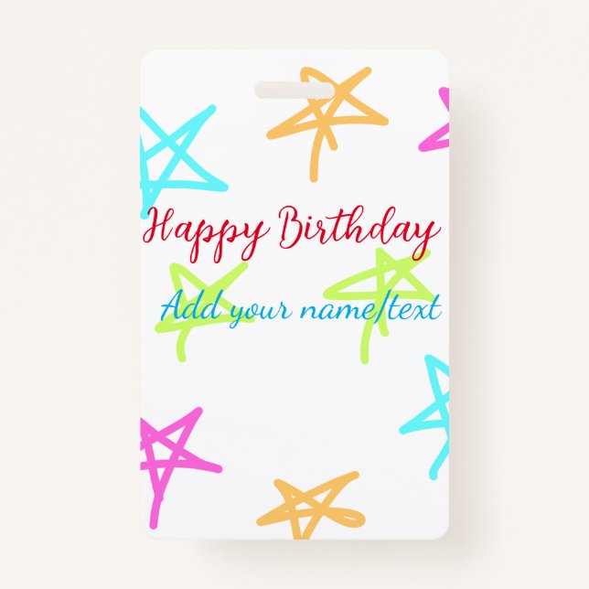 Colourful stars happy birthday add name text simpl badge (Front)
