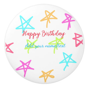 Colourful stars happy birthday add name text simpl ceramic knob