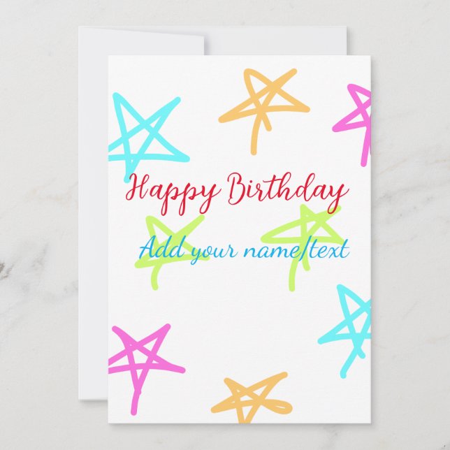 Colourful stars happy birthday add name text simpl invitation (Front)