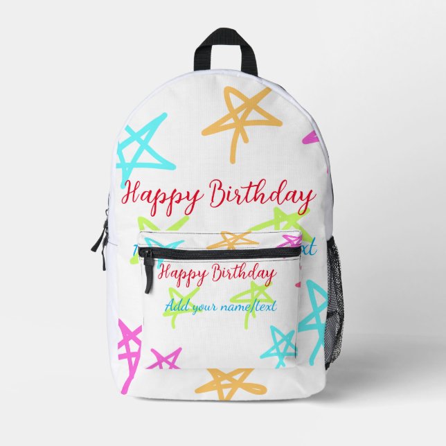 Colourful stars happy birthday add name text simpl printed backpack (Front)