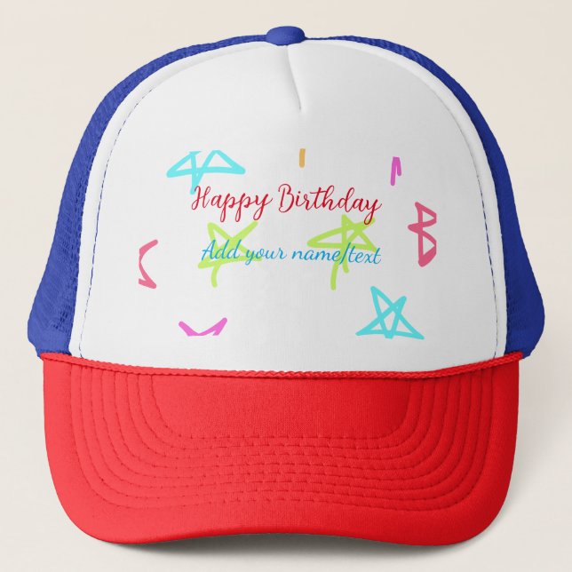 Colourful stars happy birthday add name text simpl trucker hat (Front)