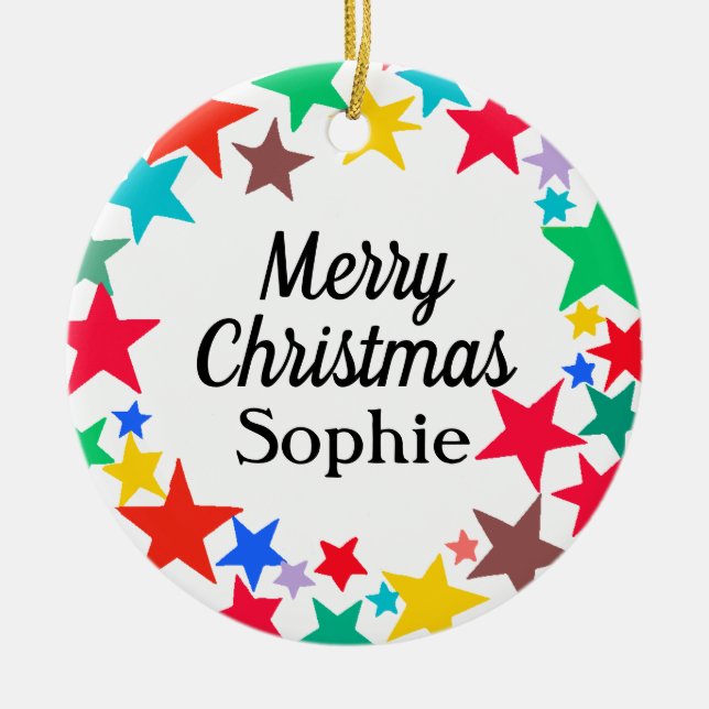 Colourful Stars Merry Christmas Personalized Name Ceramic Ornament (Front)