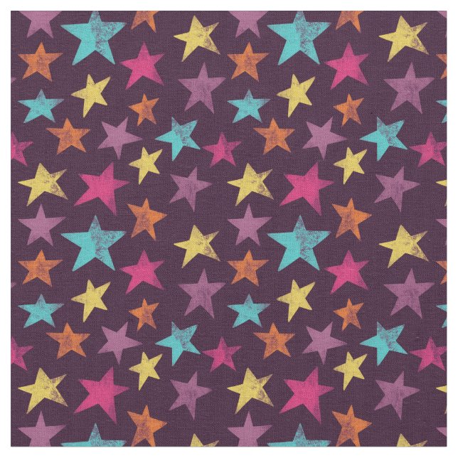 Colourful Stars on Dark Purple Patterned Fabric (Close Up)