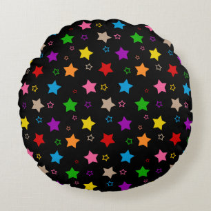 Colourful Stars Pattern Design Black Round Pillow