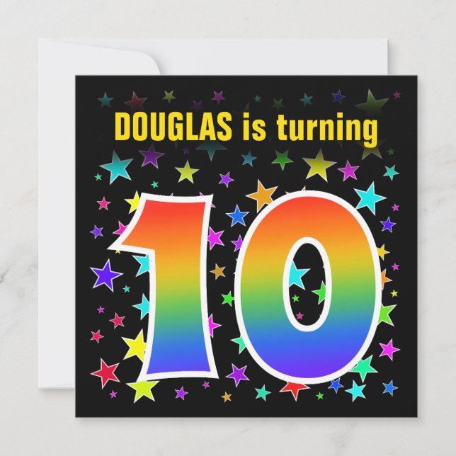 Colourful Stars + Rainbow Pattern "10" Birthday # Invitation (Front)