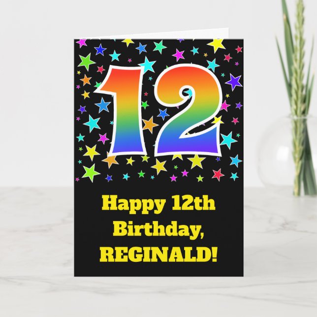 Colourful Stars + Rainbow Pattern "12" Birthday # Card (Front)