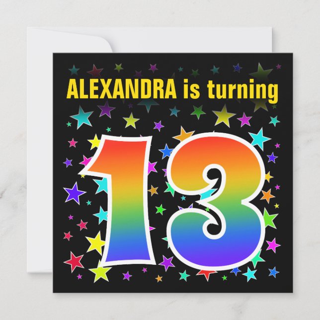 Colourful Stars + Rainbow Pattern "13" Birthday # Invitation (Front)