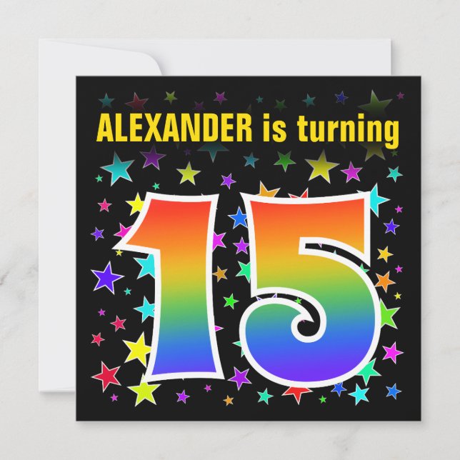 Colourful Stars + Rainbow Pattern "15" Birthday # Invitation (Front)