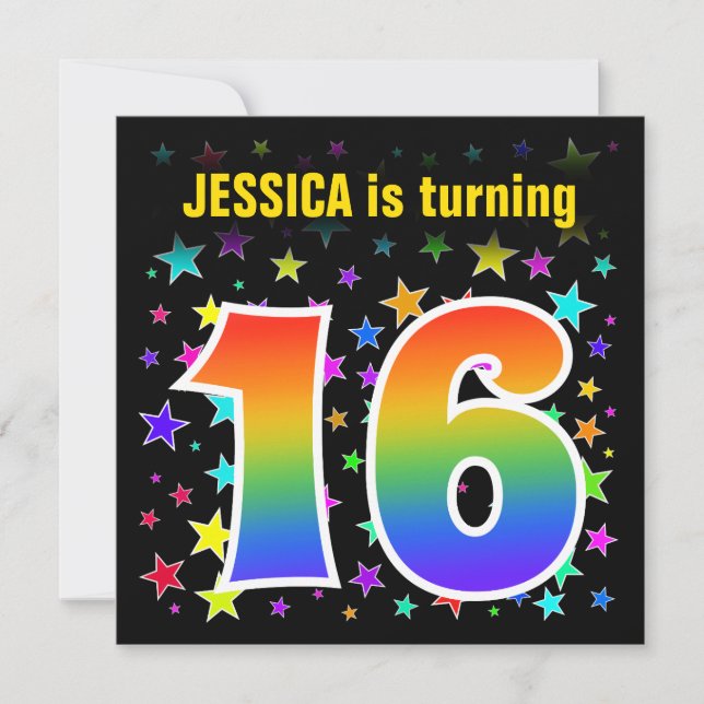 Colourful Stars + Rainbow Pattern "16" Birthday # Invitation (Front)