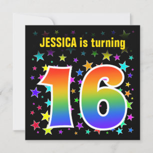 Colourful Stars + Rainbow Pattern "16" Birthday # Invitation