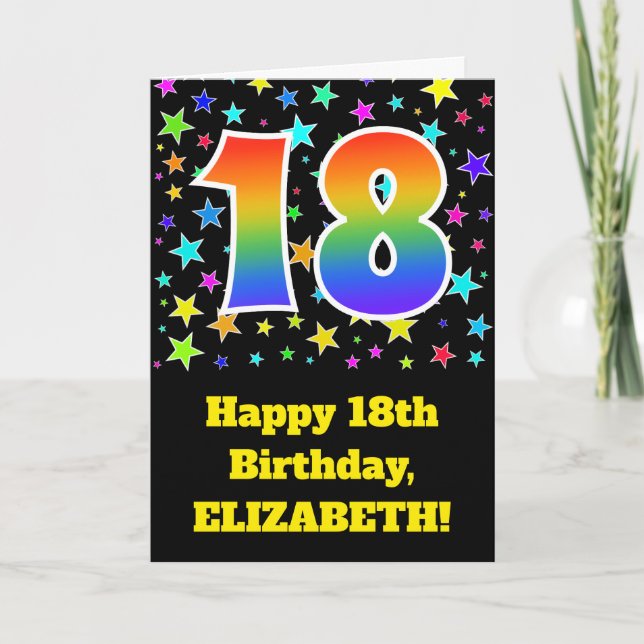 Colourful Stars + Rainbow Pattern "18" Birthday # Card (Front)