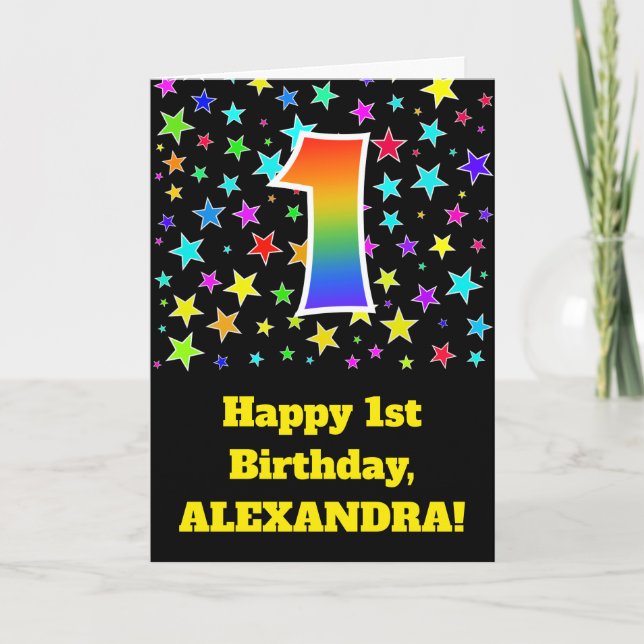 Colourful Stars + Rainbow Pattern "1" Birthday # Card (Front)