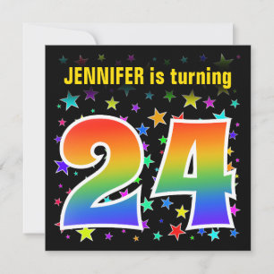 Colourful Stars + Rainbow Pattern "24" Birthday # Invitation