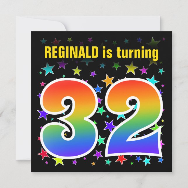 Colourful Stars + Rainbow Pattern "32" Birthday # Invitation (Front)