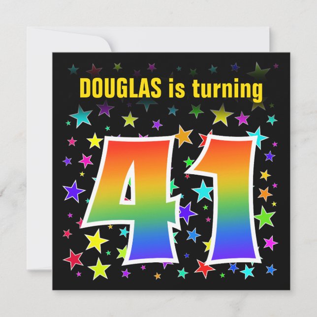 Colourful Stars + Rainbow Pattern "41" Birthday # Invitation (Front)
