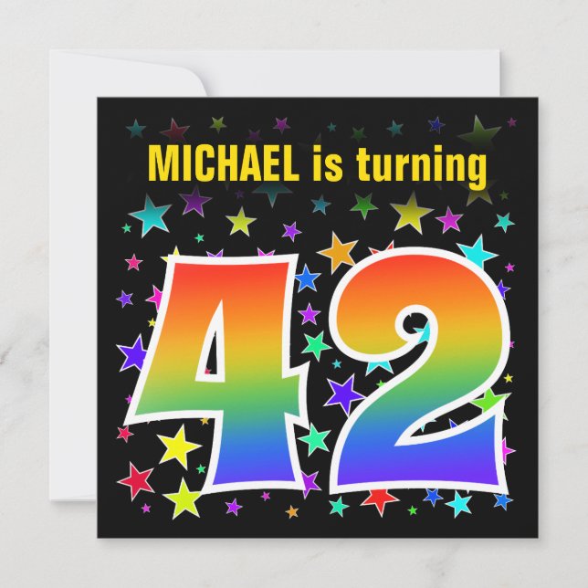 Colourful Stars + Rainbow Pattern "42" Birthday # Invitation (Front)