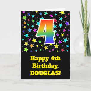 Colourful Stars + Rainbow Pattern "4" Birthday # Card