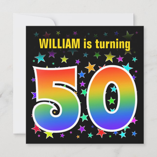 Colourful Stars + Rainbow Pattern "50" Birthday # Invitation (Front)